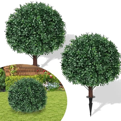 Snovire 2 Pcs Artificial Boxwood Topiary Ball with Ground Spike, UV-Resistant Artificial Tree for Outdoor Indoor Decorative, Faux Plants for Garden Porch Home Office (Boxwood)