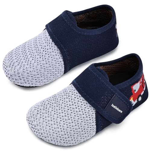 IceUnicorn Hausschuhe Kinder Atmungsaktive Pantoffeln Leicht Rutschfest Turnschläppchen Hüttenschuhe Jungen Mädchen Slippers für Kindergarten(Blau Feuerwehrauto,26/27EU)