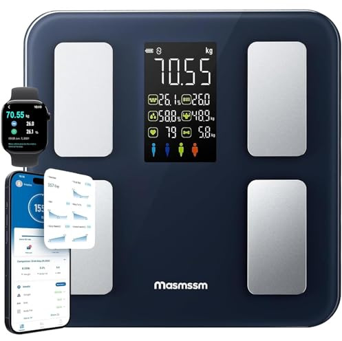 Báscula de Baño Digital, Báscula Grasa Corporal y Muscular con Gran Pantalla, 22 Métricas con IMC, Ritmo Cardíaco, Compatible con iOS y Android