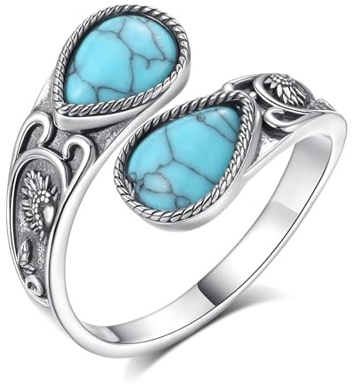 EUDORA Harmony Ball Anello a Cucchiaio con Girasole in Argento Sterling 925 per Donna, Anelli Aperti Turchesi Regolabili Anelli Avvolgenti Boho con Pollice Ossidato Gioielli Floreali Antichi Regali