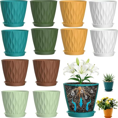 Cerkkapo 12er Set Blumentopf mit Untersetzer,Ø 10 cm Blumentopf Kunststoff | 6-farbig Waffelmuster Blumentöpfe,Pflanzentopf mit Mehrere Ablauflöchern,Wiederverwendbar,für Zimmer Büro und Gärten