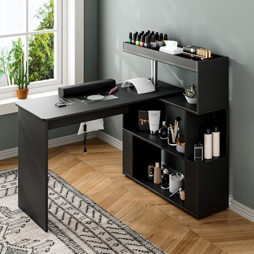 Nail Desk,L-Shaped Nail Table with Electric Dust Collector & 4 Dust Bags | Professional Manicure Table,Reversible Rotating Nail Station Beauty Tech Desk with Wrist Rest & Open Storage Shelf (Black)