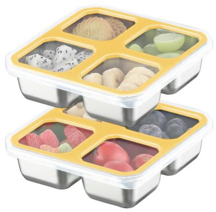 Misichao Stainless Steel Snack Boxes with 4 Compartments 2 Pack Yellow | Reusable Snack Containers Small Bento Lunch Box for Kids Adults Divided Meal Prep Containers for School Work and Travel