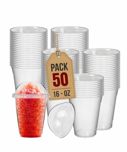 50 x 16oz Reusable Clear Plastic Smoothie Cup with Cross Lid Dome for Smoothie, Milkshake, Juice, Soda, Cocktail, Perfect for Parties, Weddings, Birthdays, Restaurants, Size - 16oz (500ml)