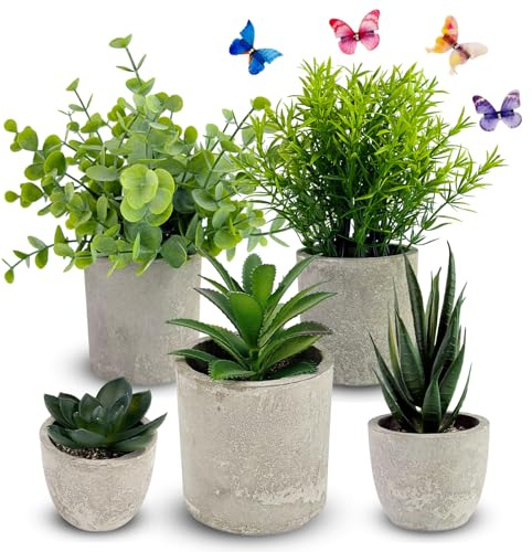 5 Set Artificial Plants Indoors in Pots,Small Plastic Like Real Fake Plants | Eucalyptus Succulents Rosemary Fake Plants for Mother’s Day,for Office,Living Room,Bathroom Windowsill,Desk Indoor Decoration