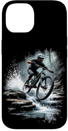 Hülle für iPhone 14 Dynamischer Mountainbiker, der über Felsen springt