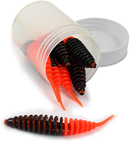 Feinripp Wurm Kunstköder für Forelle und Barsch aus Weichgummi mit Lamellen, Größen und Aromastoffe erhältlich, schwimmend, Farbe :Schwarz/Orange (Krabbe), Länge:65 mm