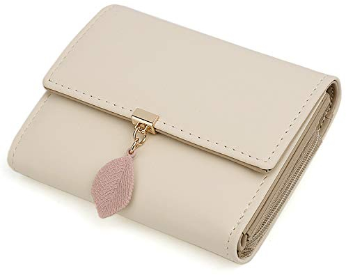 UTO Geldbörse Damen Klein mit Blatt Anhänger RFID Kleines Portemonnaie Kunstleder Druckknopf Bi-Fold Brieftasche Mini Geldbeutel Viele Fächern Feiner Portmonee Münzfach Weihnachten Neujahr Sahne