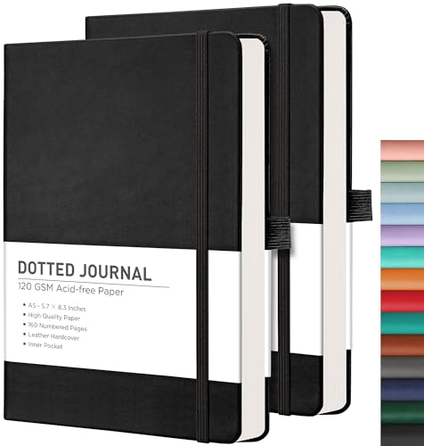 RETTACY A5 Dotted Notizbuch/Bullet Journal mit BONUS Schablonen, 2 Pack Dot Grid Notebook,PU-Leder, insgesamt 320 Seiten und 8 perforierte Seiten, Innentasche, gebundenes 5,75 × 8,3,8 Zoll