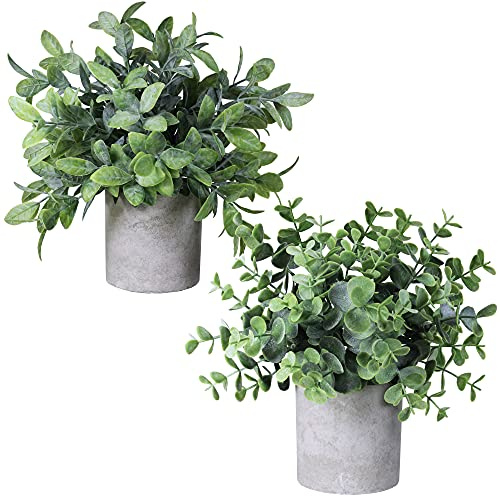 Set mit 2 künstlichen Mini-Topfpflanzen, künstliche Eukalyptus-Buchsbaum-Pflanzen in Töpfen, künstliches Grün-Arrangement für rustikale Bauernhaus-Inneneinrichtung, Büro, Schreibtisch