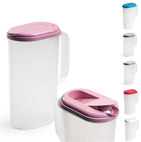 Plastic 2L Slimline Fridge Jug with Lid Water Milk Juices Kitchen Home Door Picnic Jugs Pitcher of Water Clip & Lock Seal Dishwasher Freezer & Microwave Safe (Frost with Pink Lid)