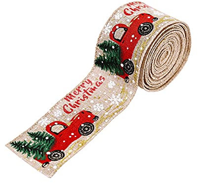 QUUPY 2 Rollen Weihnachtsbänder mit Drahtrand, Frohe Weihnachtsbaum und LKW, Wickelband für DIY-Kränze, Verpacken, Basteln, Dekoration, 5,1 cm x 4,5 m