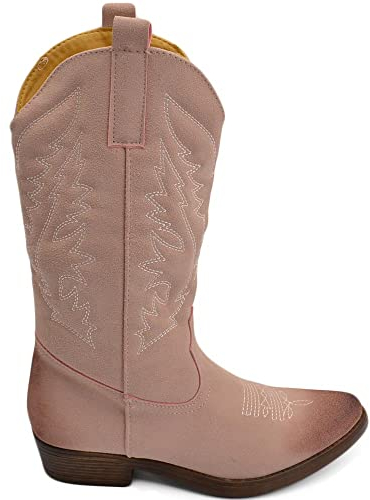 Malu Shoes Stivali donna camperos texani stile western rosa con fantasia laser su pelle scamosciata tinta unita altezza polpaccio (40 EU)