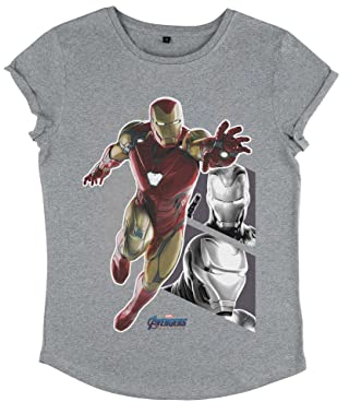 Marvel Women's Avengers: Endgame-Ironman Panels Rolled Sleeve T-Shirt, Melange Grey, XL