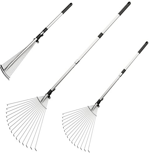 POOPLE Laubbesen für den Garten, 160 cm, verstellbar, klappbar, Metall, Rechen für Blätter, Teleskop, 20,3 - 58,4 cm, ausziehbar, 15 Zinken, Strauchrechen für Rasen, Hof, Blumenbeete und Dach