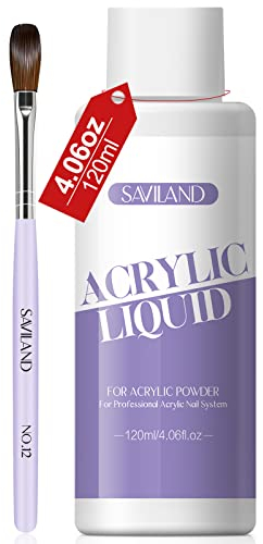 Saviland Liquido Acrilico da 120ml con Pennello Acrilico - Monomero per Acrilico Unghie con Pennello Acrilico per Unghie 12#, Formula Senza MMA, Non Ingiallimento, Liquido Monomero Acrilico per Unghie
