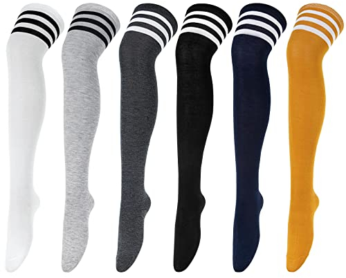 6 Pairs Knee High Sock Women Over Knee Thigh Socks Casual High Stockings Long Boot Stocking Leg Warmer High Socks Casual Girls Ladies for Daily Wear Cosplay Ginger Yellow Black Gray Stripe