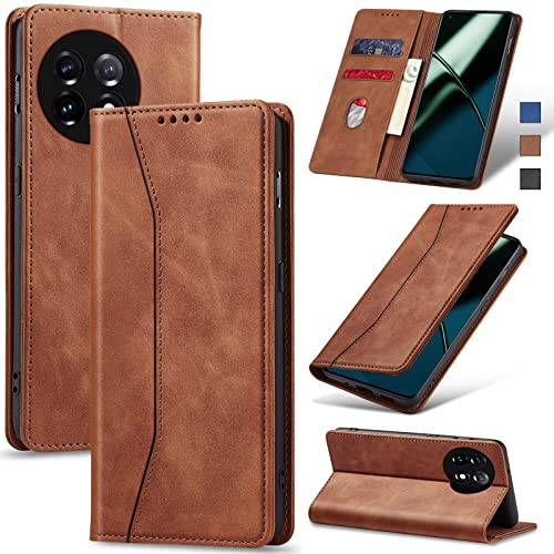 Jasonyu Coque pour OnePlus 11, Housse Etui en Cuir PU Portefeuille [Antichoc] [Magnétique] [Porte Cartes] [Stand Fonction] Flip Coque (Brun)