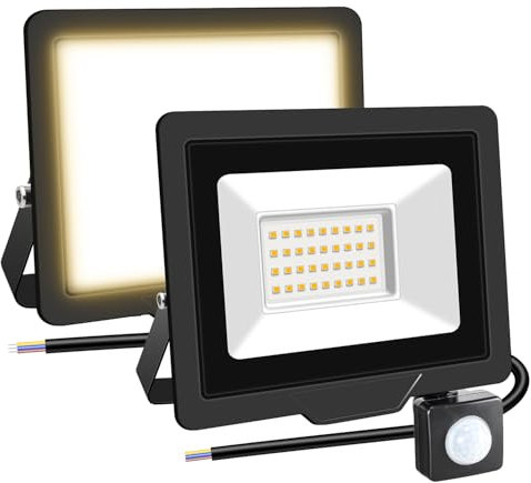 RIGIDON 2x 30W 3000 LM Projecteur d'extérieur Led Avec Detecteur de Mouvement, 3000K Blanche Chaud, IP66 étanche Éclairage de Extérieur, Projecteur led de Patio Garage Terrasse Jardin