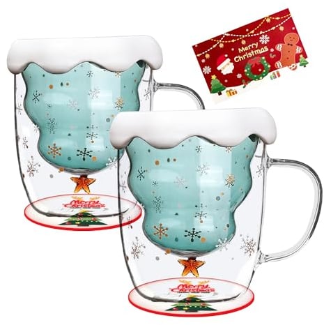 DONGSHANGIFT Christmas Tree Mugs Set of 2 Double Wall Christmas Tree Mugs Christmas Tree Glass Mug with Lid and Handle Christmas Cute Mugs Gift for Women Men Kids
