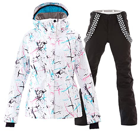 HOTIAN Damen Schneeanzug, Wasserdicht Winddicht Winter Warme Schnee Skifahren Sätze,für Wandern Klettern Isoliertes Snowboarden WH+BK XL