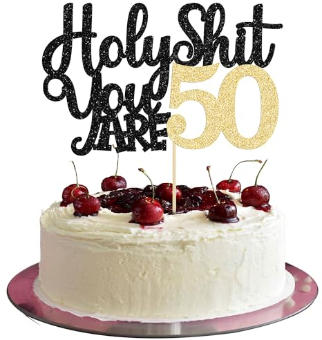 1Pc Holy Shit You are 50 Cake Topper Glitter Funny 50th Birthday Cake Pick for Happy 50th Cheers to 50 Years Old Birthday Party Cake Decorations Supplies