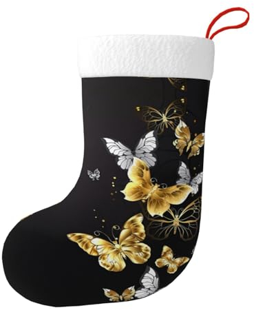 BROLEO Gold Weiß Schmetterlinge Schwarz Bild Weihnachtsstrümpfe - Weich, Leicht Geeignet für Christbaumschmuck
