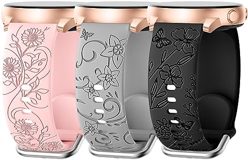 AMSKY 3 Pièces Floraux Bracelet Compatible avec Samsung Galaxy Watch 7/4/6/5 40mm 44mm, 6/4 Classic 43mm 47mm 42mm 46mm, 5 Pro 45mm, 3 41mm - Bracelet 20mm en Silicone pour Femme