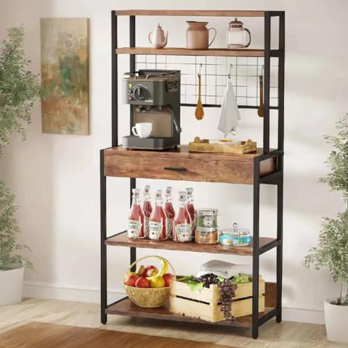 Shally Dogan Estantería de Cocina de diseño Industrial con 5 estantes y 1 cajón, estantería de Metal y Madera, Mueble Alto para Soporte de electrodomésticos, Horno microondas