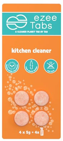 EzeeTabs Limpiador de Cocina - Pastillas Limpiadoras con Aroma Afrutado para una Limpieza sin Microplásticos, Biodegradable y Vegana - 4 x 750ml de Limpiador de Cocina y 1 Botella Reutilizable