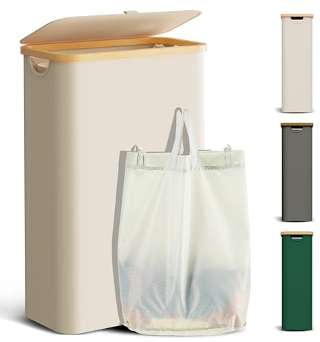 YOUDENOVA Wäschekorb mit Deckel 48L Wäschesammler schmal mit Wäschesack faltbarer Wäschesortierer Holz Bambus Wäschetruhe hoch Laundry Baskets, Beige