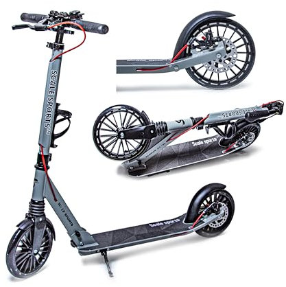 Scale Sports - Klappbarer Tretroller für Erwachsene bis 100 kg, Jugendliche und Kinder 7+ mit Flügel- und Scheibenhandbremsen, leichter Tretroller mit Tragegurt, Flaschenhalter, Klingel (Grau)