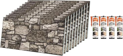 IZODEKOR 3D-Wandpaneele in Ziegelsteinoptik – 10 Stück + 4 Montagekleber, Tradition Stone - Verkleidung, Steinoptik, Styroporplatten für Wohnzimmer, Küche, Bad, Balkon, Schlafzimmer und Teras
