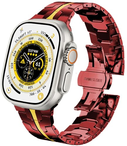 DEALELE Strap Compatible with Apple Watch 41mm 40mm 38mm, Thin Iron Man Stainless Steel Metal Replacement Bands for iWatch Series 9/8 / 7/6 / 5/4 / 3 / SE Women Men, Red-gold