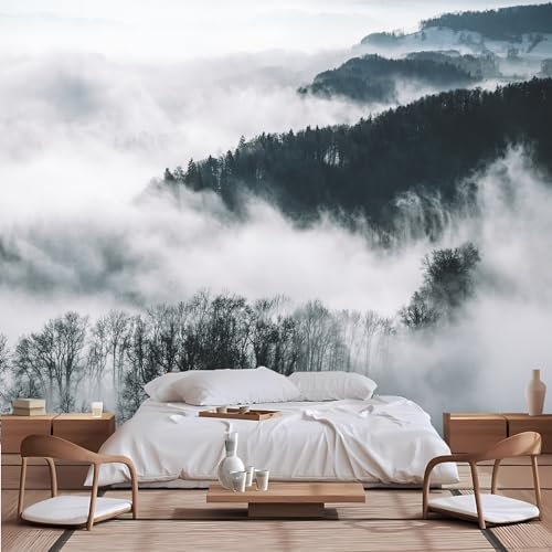 Lcythiazole Papier peint mural à décoller et à coller - Motif forêt brumeuse - Paysage naturel vert - Pour chambre à coucher, salon, salle de bain, salle à manger