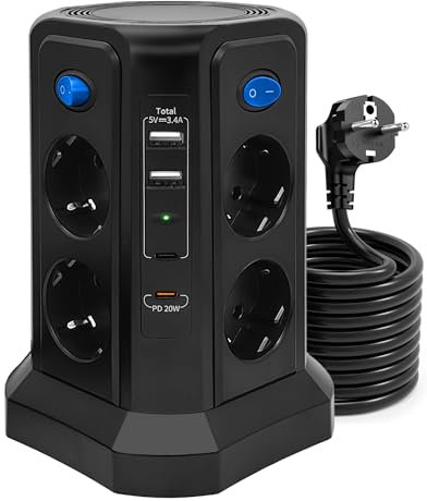 Regleta Vertical Enchufes con Cable 3M & Carga Rápida PD20W, 4000W/16A Regleta Enchufe Proteccion Sobretension, 8 Tomas de AC Corrientes y 4 USB, 4 Interruptores Individuales para Mesa, Oficia, Casa
