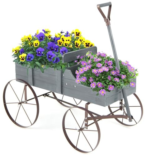 COSTWAY Blumenständer Holzwagen, Pflanzwagen Blumenwagen mit Rädern aus Metall, Blumenkasten Pflanzenständer für Garten und Terrasse, 62x34x60cm (Grau)