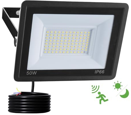 Fosingut 50W Focos LED Exterior con Sensor Movimiento,5000lm 96LEDs Foco Proyector LED con Sensor de Radar y Crepuscular,6500K IP66 Impermeable Luz de Seguridad Floodlight para Garaje,Jardín,Patio