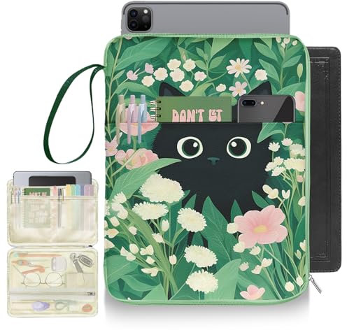 QRZIQRZ Cute Cat Floral Book Sleeve Kindle Pouch Bag, Flower Print Book Protector Case with Zipper, PU Leather Waterproof Book Cover Bag, Portable Book Pouch for Book Lovers Gifts Paperbacks Hardcover