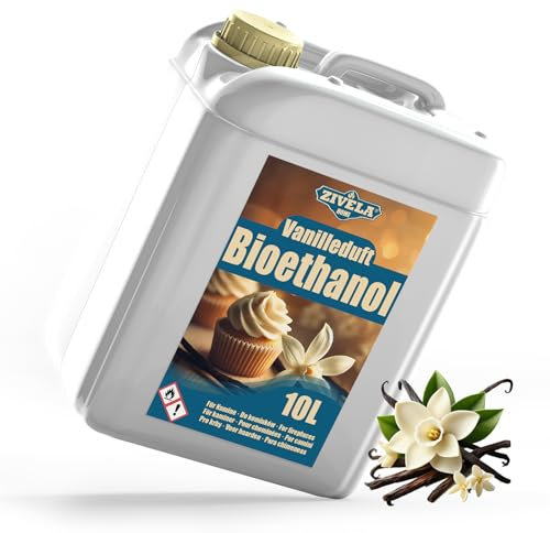ZIVELA Bioéthanol 96,6 % 10 l | Alcool bio parfum vanille 96,6 % 10 l | Cheminée au bioéthanol | Parfum vanille | Combustion propre, sans fumée, flamme vive et stable