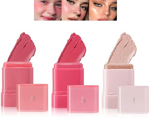 Creme Blush Stick, 3 Farben Rouge & Highlighter Stick für Augen Wangen Lippen, Feuchtigkeitsspendende Face Cream Blush, Wasserfest & Lang anhaltend & Nicht Klebrig, Dewy Finish für Alle Hauttöne