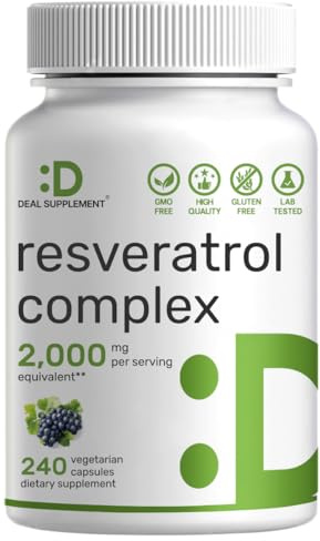Resveratrol Complex 2,000mg, 240 Veggie Capsules – Extra Strength Trans-Resveratrol with NAD, Quercetin, Curcumin, Grape Seed & More – Healthy Aging Antioxidant for Energy & Brain Support