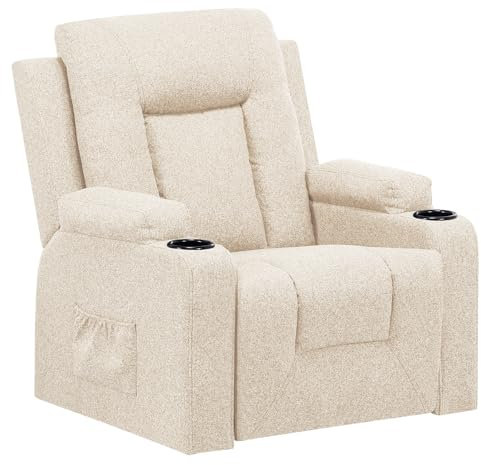 COMHOMA Fauteuil Relaxation en Tissu avec Fonction Inclinable, Recliner Chair, Pivotant à 360 °, 2 Poches Latérales et Porte-Tasse, Beige