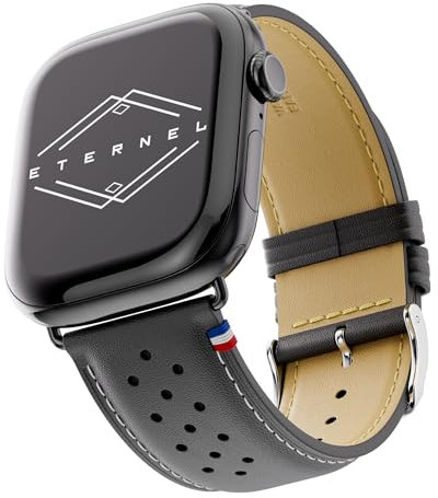 Eternel - Roadster Bracelet emblématique - Compatible toutes Apple Watch - 45/46mm - Fait main en France - Tannage végétal - Noir - Adaptateurs noir brillant