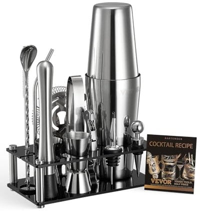 VEVOR Cocktail Shaker Set, 14-Piece Stainless Steel Bar Tools with Acrylic Stand, Boston Bartender Kit Accessories | Mixer Spoon, Muddler, Jiggers, Strainer, Liquor Pourer, Ice Tong, Corkscrew, Silver