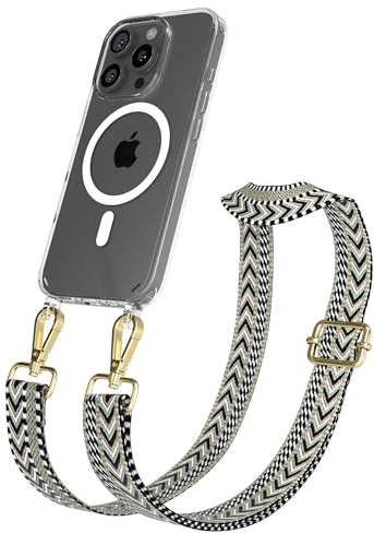 EAZY CASE Handykette - Verstellbares Taschenband kompatibel mit iPhone 16 Pro, Schulterriemen, Handykordel mit Silikon Hülle, Qi Charging kompatibel, Umhängetasche, Grün Schwarz Gold