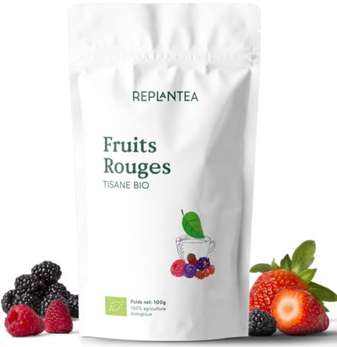 TISANE FRUIT ROUGES BIO 100g (50 Tasses) | Infusion Fruits Rouges sans Théine avec Hibiscus, Feuille de Mûre, Framboise, Fraise, Cerise REPLANTEA