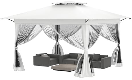 FIVMEN Pavillon 4x4 Pop up Stabil Winterfest Partyzelt Faltpavillon Höhenverstellbar mit Doppeldach und 4 Moskitonetz Seitenteilen Pavillion Gartenpavillon inkl. Tragetasche, Weiß