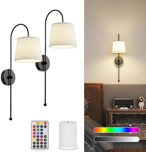 Yinglap Rechargeable Wall Lights Indoor, Two Battery Operated Wall Lights with Remote & 5000mAh Magnetic Dimmable Bulbs, 18 Colors Battery Powered Wireless Wall Sconces for Living Room Bedroom Black