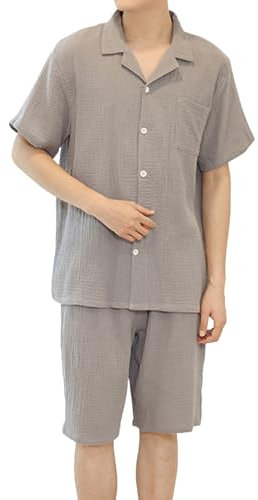 Pigiama Uomo Aperto Davanti Cotone, Completi Estivi Uomo Cotone Manica Corta Pigiami Set Due Pezzi Leggero Camicia Con Tasche E Colori Solidi Pantaloncino Elastico In Vita Da Casa Larghi Tinta Unita